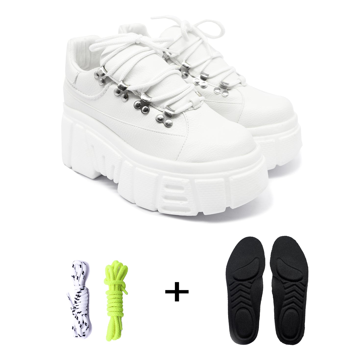 Women's Chunky Platform Tennis Set White + Laces + Cushioned Insoles